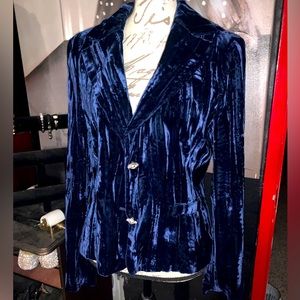 Cache royal blue velvet jacket w/powder blue satin lining & rhinestone buttons!